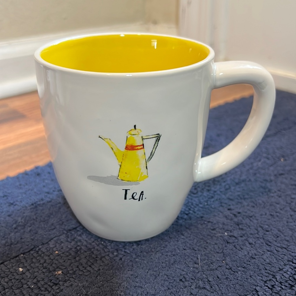 Rae Dunn TEA Vintage Kettle Ceramic 16oz Mug White Yellow Interior